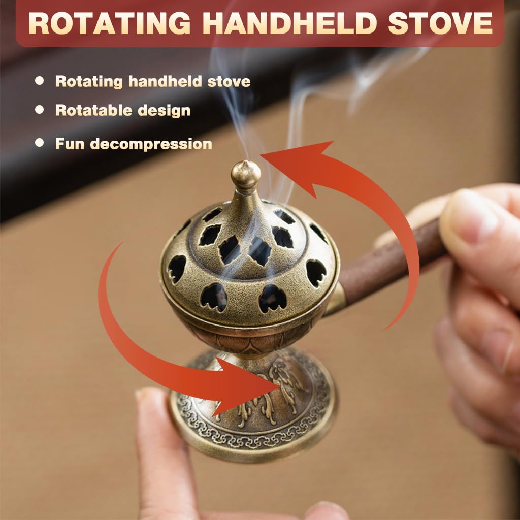 HASTHIP Incense Burner for Meditation with Swivel Bowl and Wooden Handle | Retro Alloy Decor