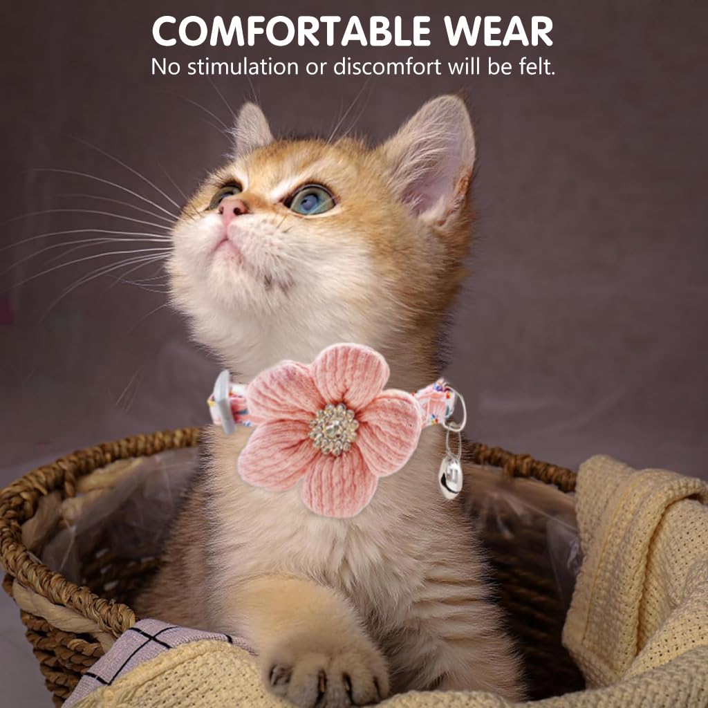 Qpets Cute Flower Cat Collar with Bell featuring Quick Release Buckle and Soft Pink Plush