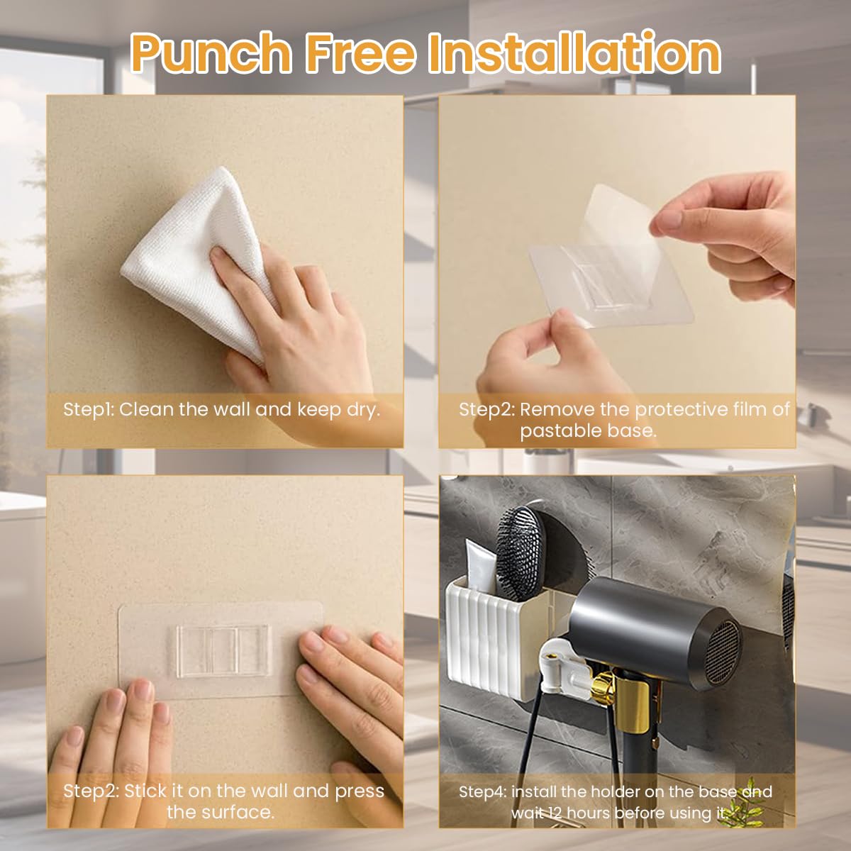 HASTHIP Hair Dryer Holder for Bathroom with 360° Rotatable Grip and Self Adhesive Storage Box