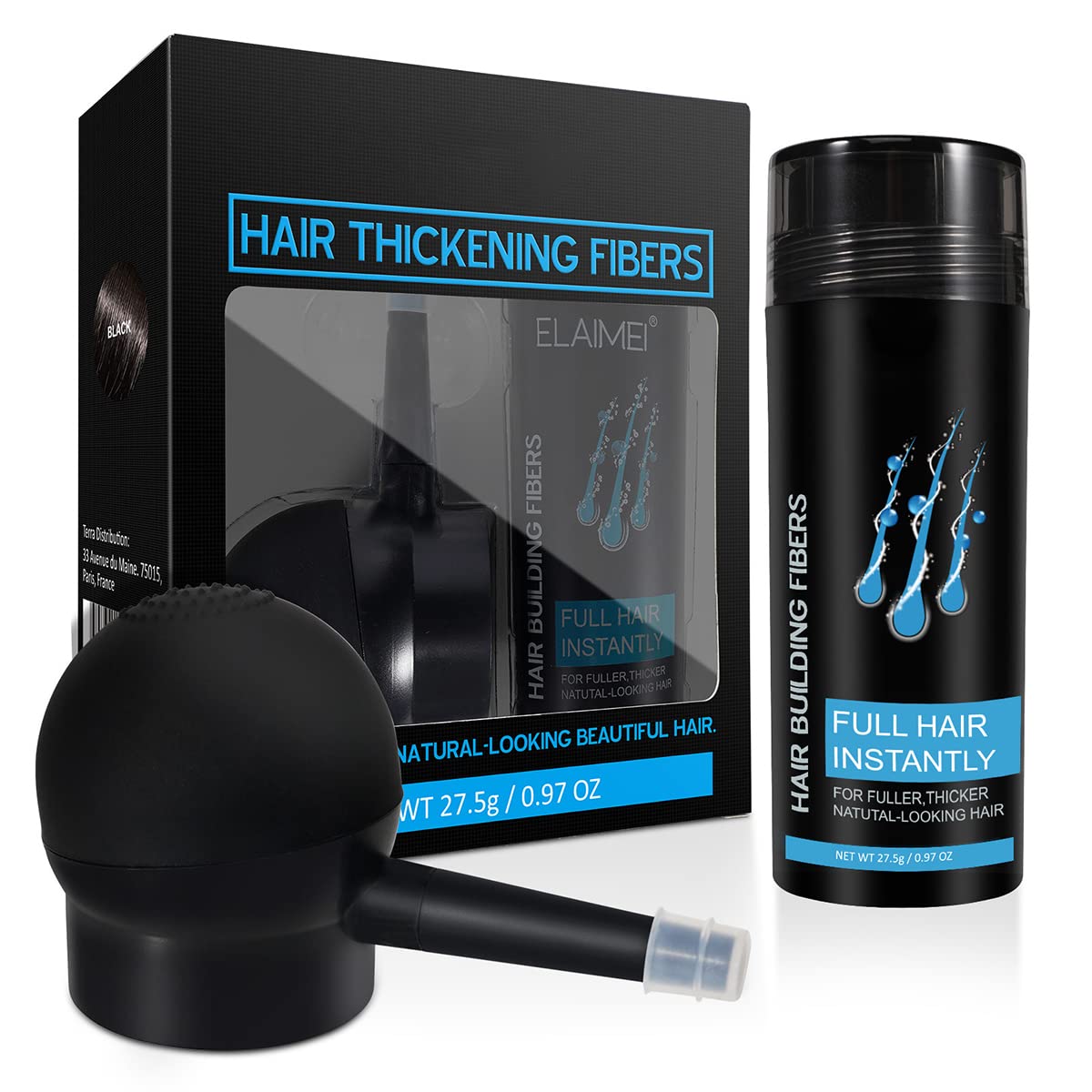 MAYCREATE Hair Building Fiber for Thinning Areas with Spray Applicator Kit 27.5g | Black