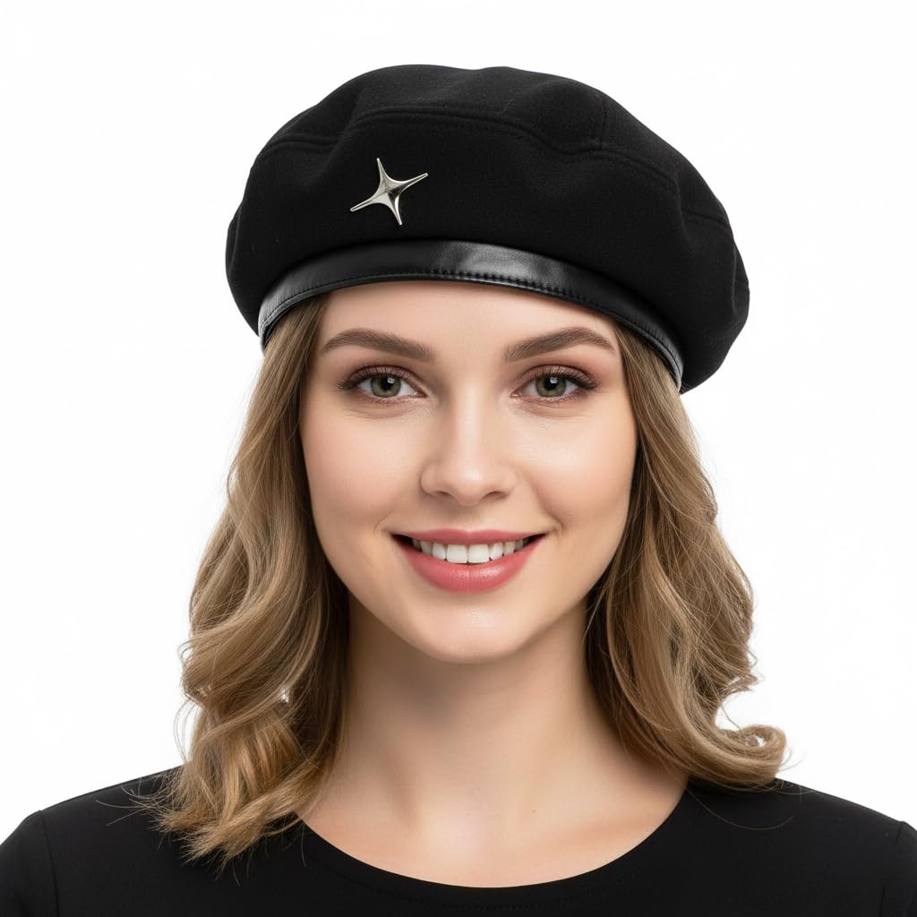 SANNIDHI Beret Cap for Women featuring Silver Star Accent and Soft Black Wool Felt | Stylish Winter Retro Hat