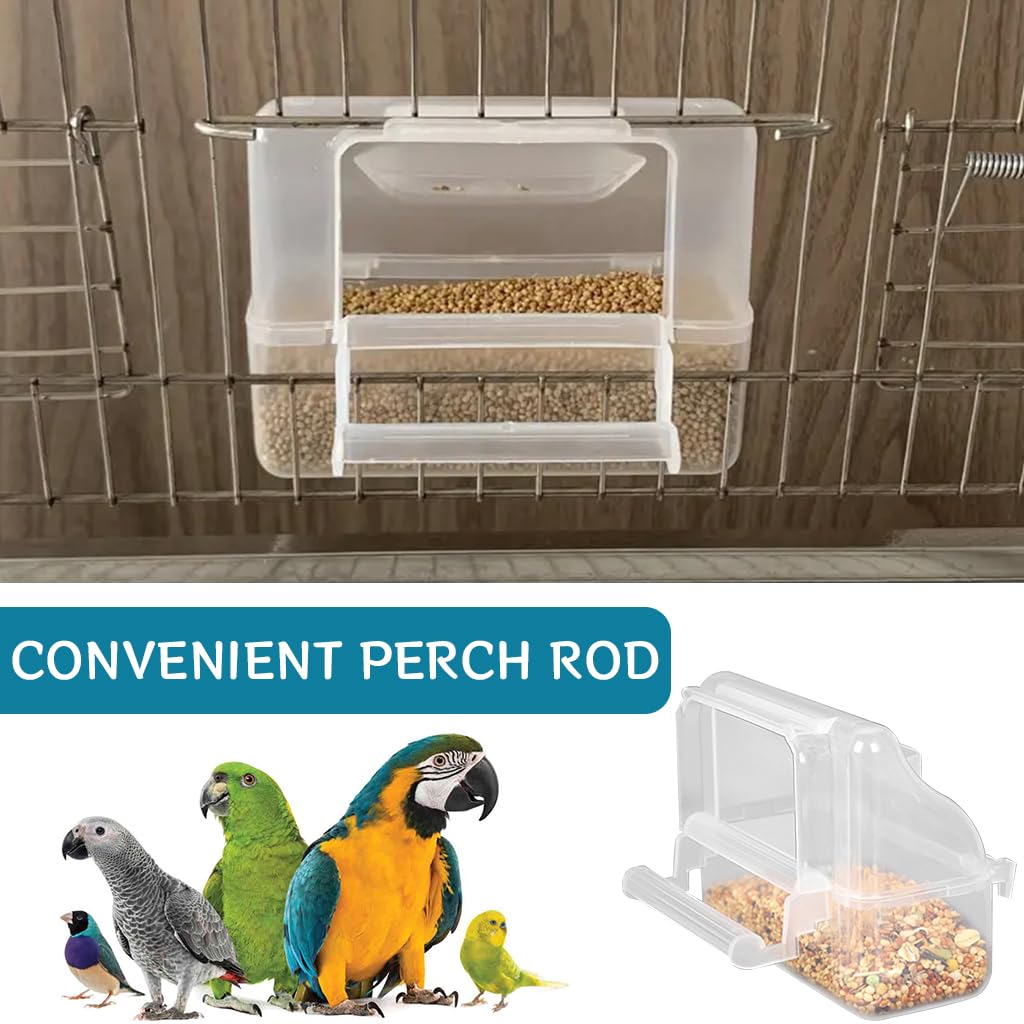 Qpets Bird Food Dispenser for Cages with Perch Rod and Transparent Design 11.5×5.2×9.2 cm | Food‑Grade Plastic for Small & Medium Birds