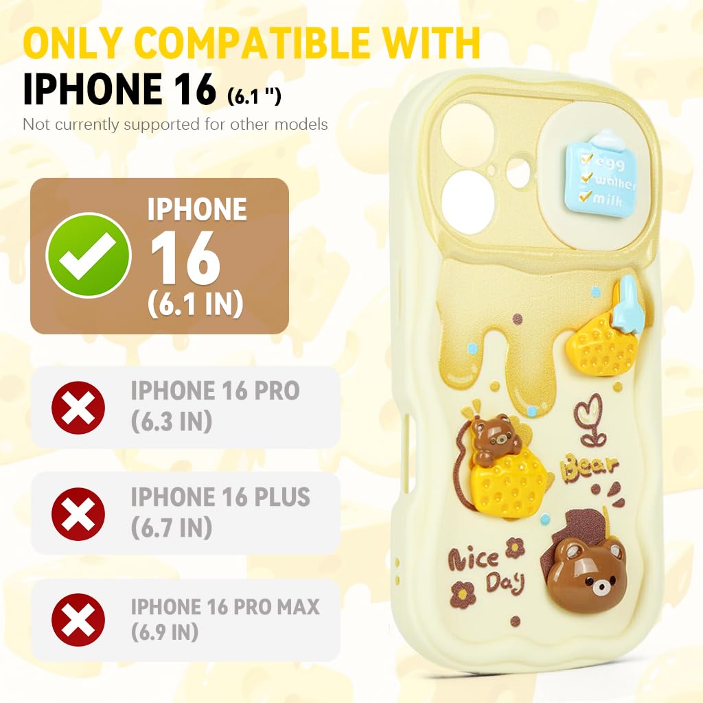 ZORBES Phone Case for iPhone 16 with 3D Butter Little Bear Design and Camera Lens Sliding Cover | Silicone Protective Case with Lanyard for Girls
