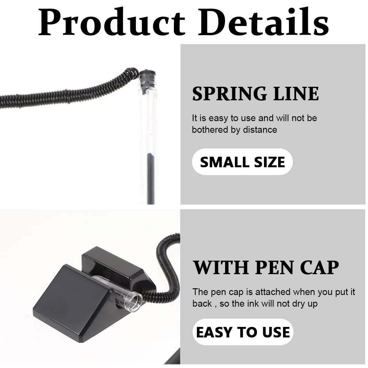 Climberty Counter Pens Set for Bank and Reception with Adhesive Base and Elastic Coil Cord | 6pcs 0.5mm Black Gel Ink