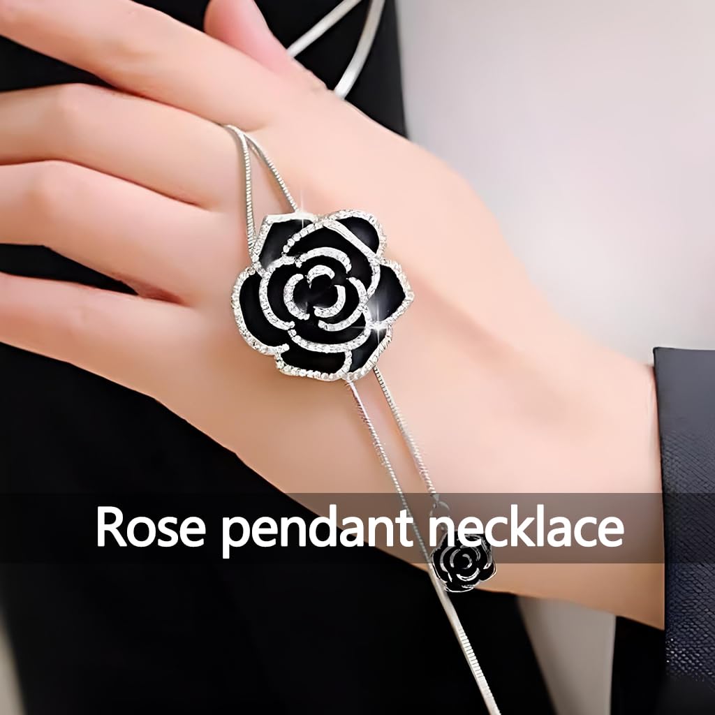 Zibuyu Pendant Necklace for Women featuring Adjustable Camellia Chain with Black Crystal | Elegant Jewelry for Evening and Winter Outfits