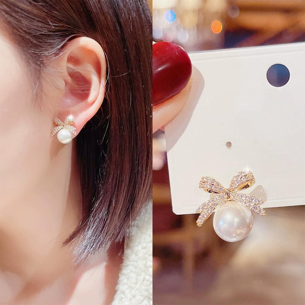 ZIBUYU Bow Pearl Earstuds featuring Rhinestone Embellished Alloy Design for Women | Elegant Gift for Weddings and Birthdays