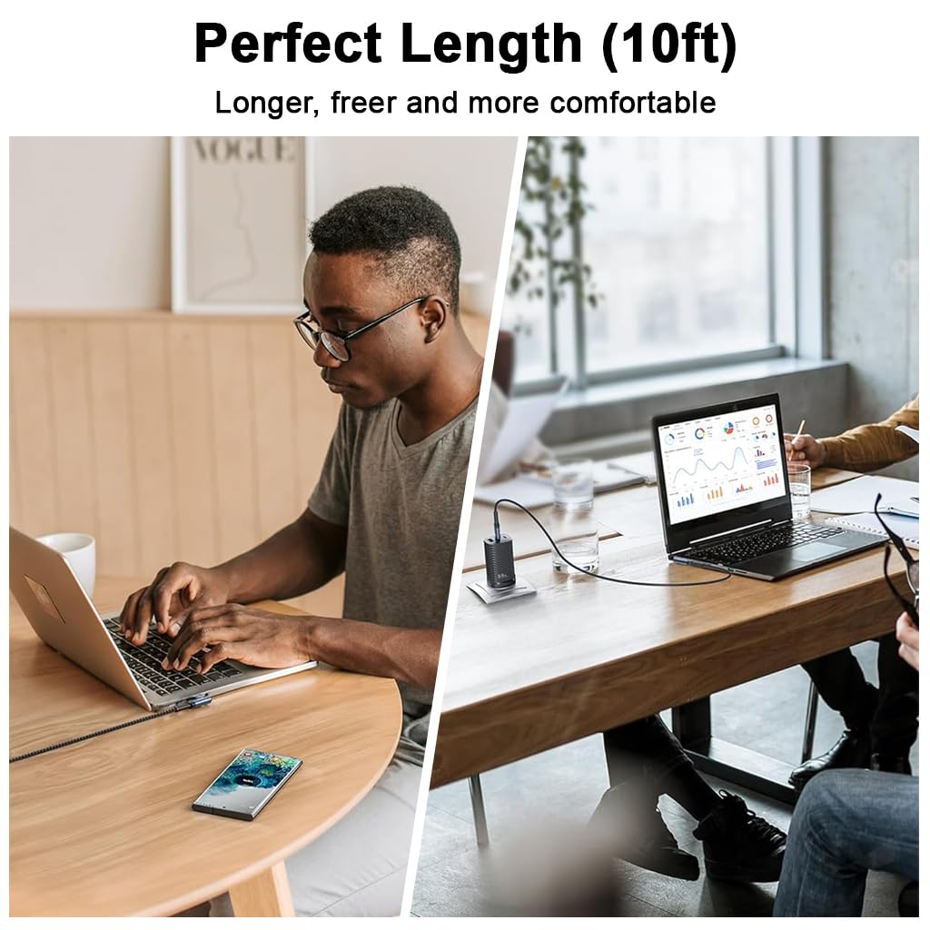 Verilux Type C Charger Cable 9.8 ft for Fast 100W PD Charging featuring 90° Right Angle | Nylon Braided