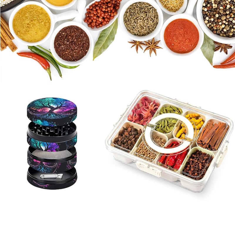 ZIBUYU® 2PC kitchen utensils Storage Boxes&Crusher for Weed 1.97'' Boutique Tree of Life Pepper Grinder, Herb Grinder Spice Mill with Precision Teeth 4-Layer, Food Grade PP Fridge Storage Containers