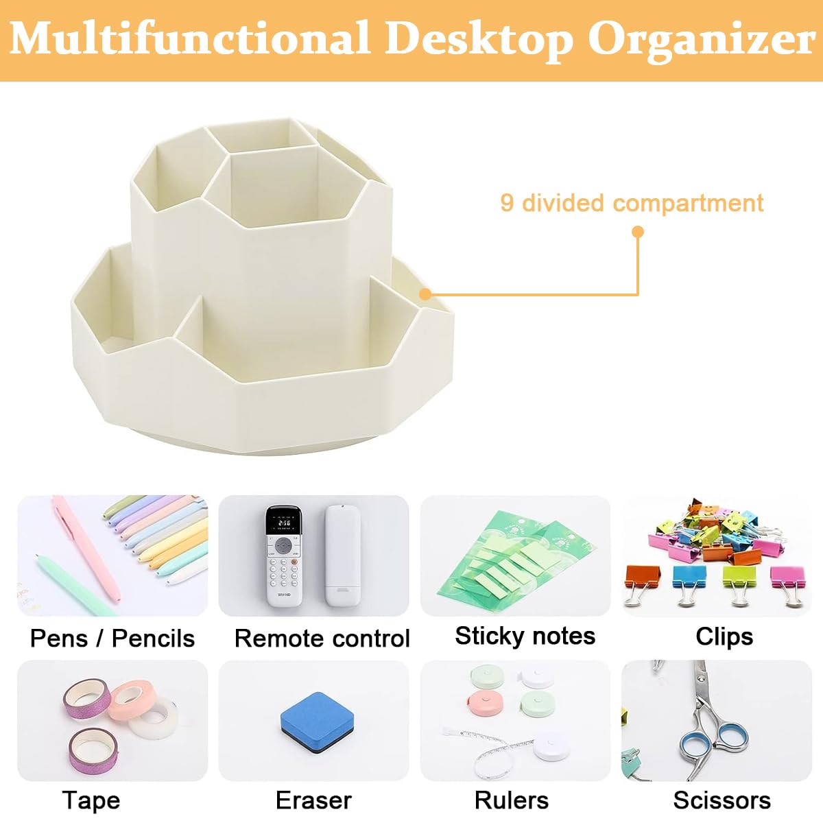 Climberty® Pen Stand for Study Table, 9 Slots Pen holder 360 Degree Rotating Desk Organizer, Desktop Storage Pen Organizers Stationery Supplies, Cute Pencil Cup Pot for Office School Home (Beige)