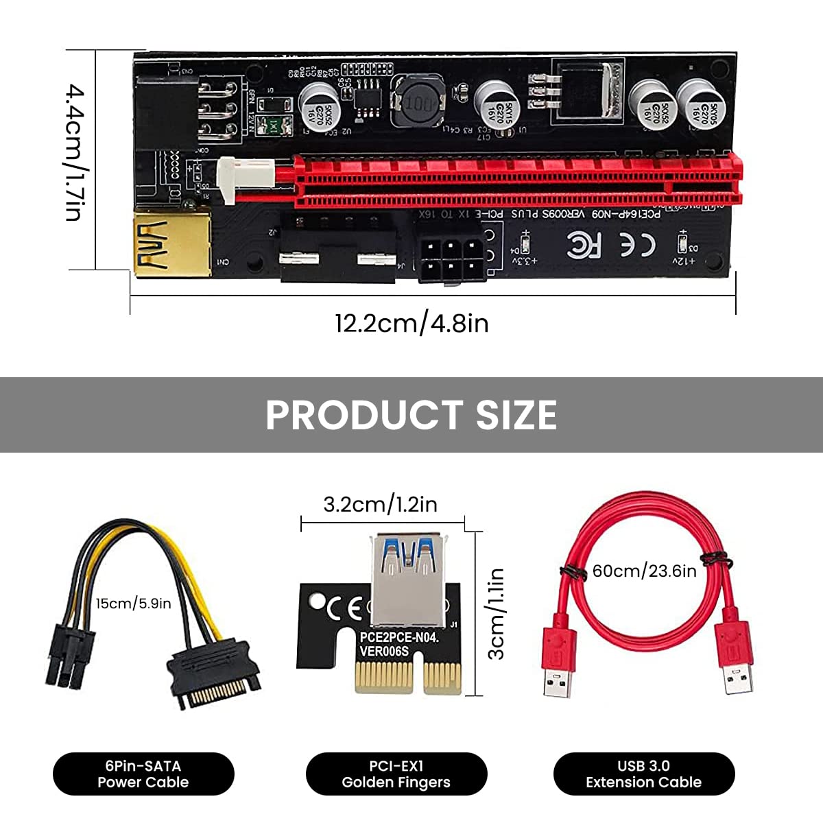 Verilux Pi+ VER009S Gold PCI-E 6Pin 1X to 16X Powered Pcie Riser Adapter Card & USB 3.0 Graphic Extension Cable GPU Riser Adapter-Mining Bitcoin, Ethereum ETH Zcash ZEC Monero XMR (VER009S 2 Pack)