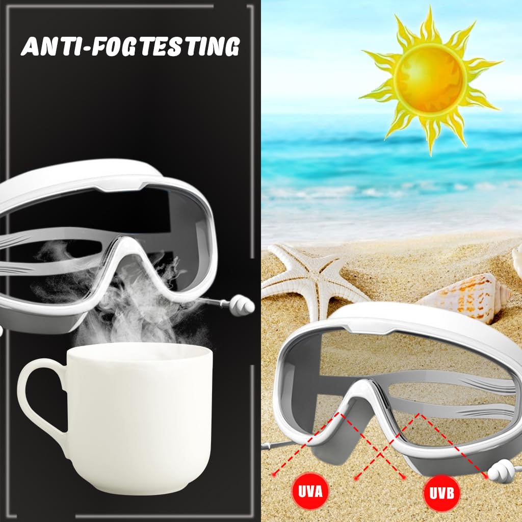 Proberos® Swimming Set with UV and Anti Fog Protection Goggles, Swim Cap, Earplug and Nose Plug Set, Anti-fog Diving Goggles Swimming Goggles for Surfing, Kayaking, White