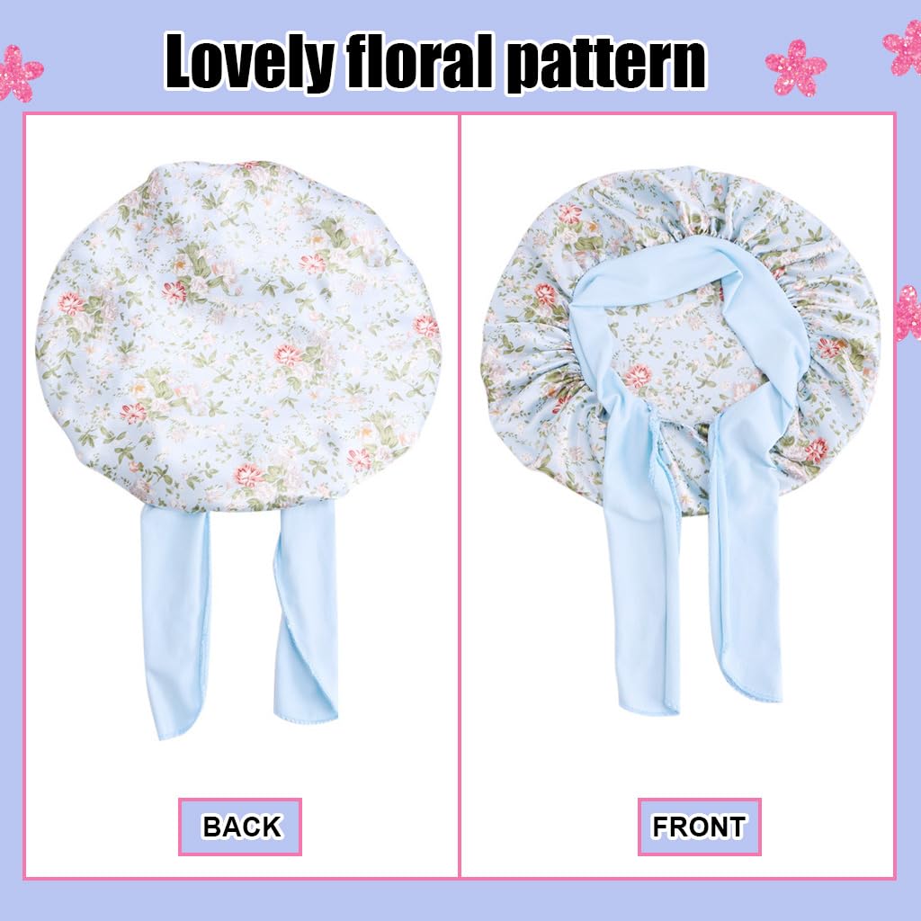 MAYCREATE Kids Silk Bonnet for Sleeping with Elastic Band and Floral Print | 2pcs Satin Hair Cap for Baby 2–8 Years