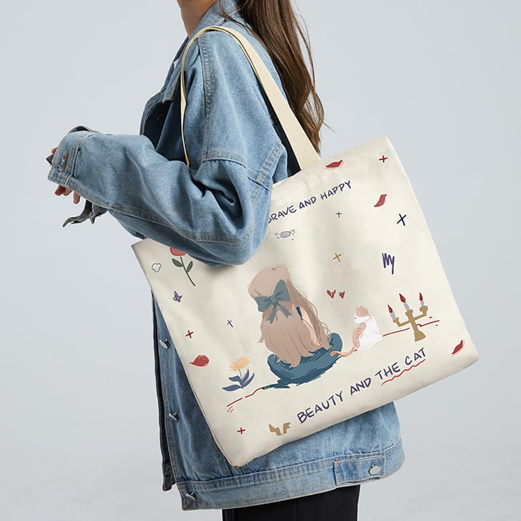 Zibuyu Cotton Canvas Tote Bag for Shopping and College with Graphic Print | Foldable Washable White 1 Pc