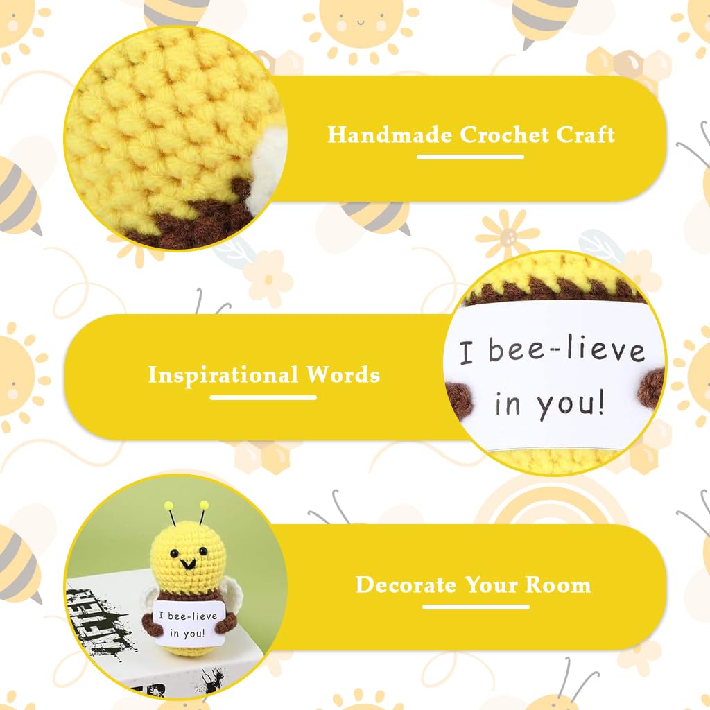 Zibuyu Positive Bee Crochet Doll for Cheerful Gifts with Emotional Support Card | Handmade Knitted Wool Plush Decor