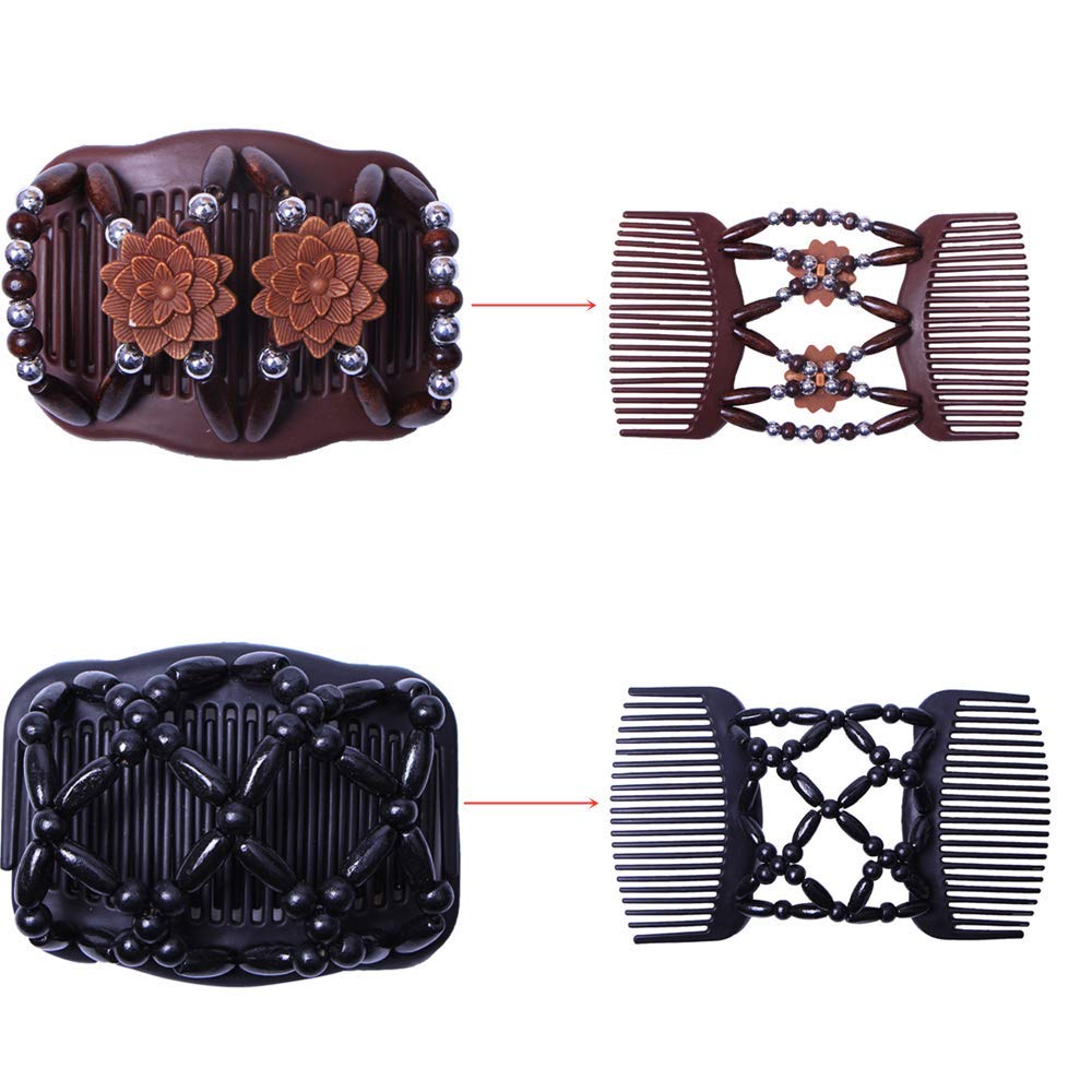 SANNIDHI Magic Hair Comb Clip for Women with Stretch Double Comb Design and Wood Beads | 6 Pcs Bun Maker Hair Accessories