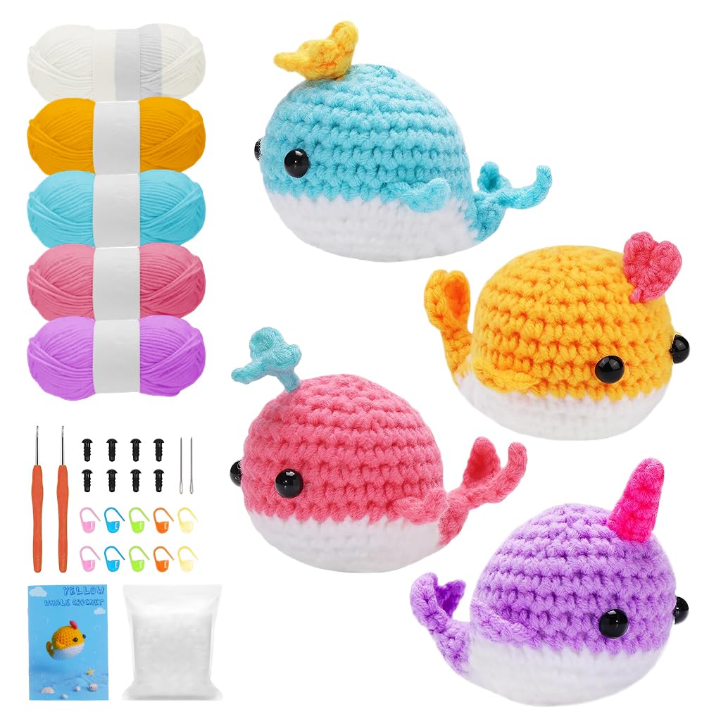 PATPAT Crochet Kit for Beginners with 4 Mini Cartoon Whales and Multicolor Yarn | DIY Gift