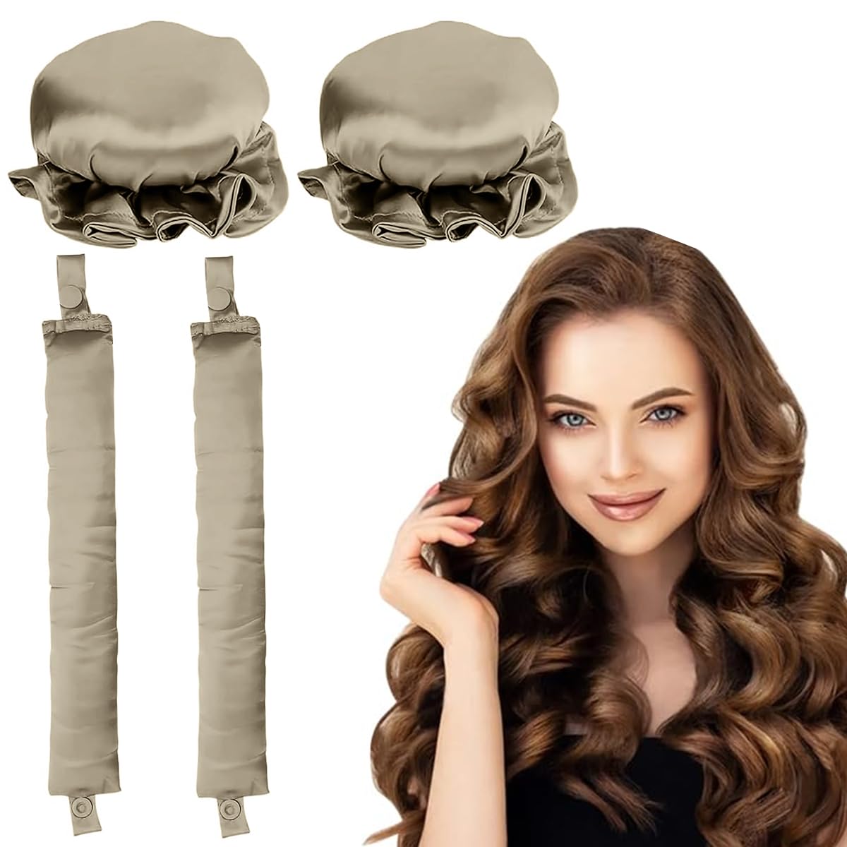 MAYCREATE® 2Sets Satin Heatless Hair Curler, Hair Rollers for Heatless Curls with Hair Caps, Soft Curling Rod Headband for Long Hair Can Sleep in Overnight, DIY Hairstyling Tools, Gold