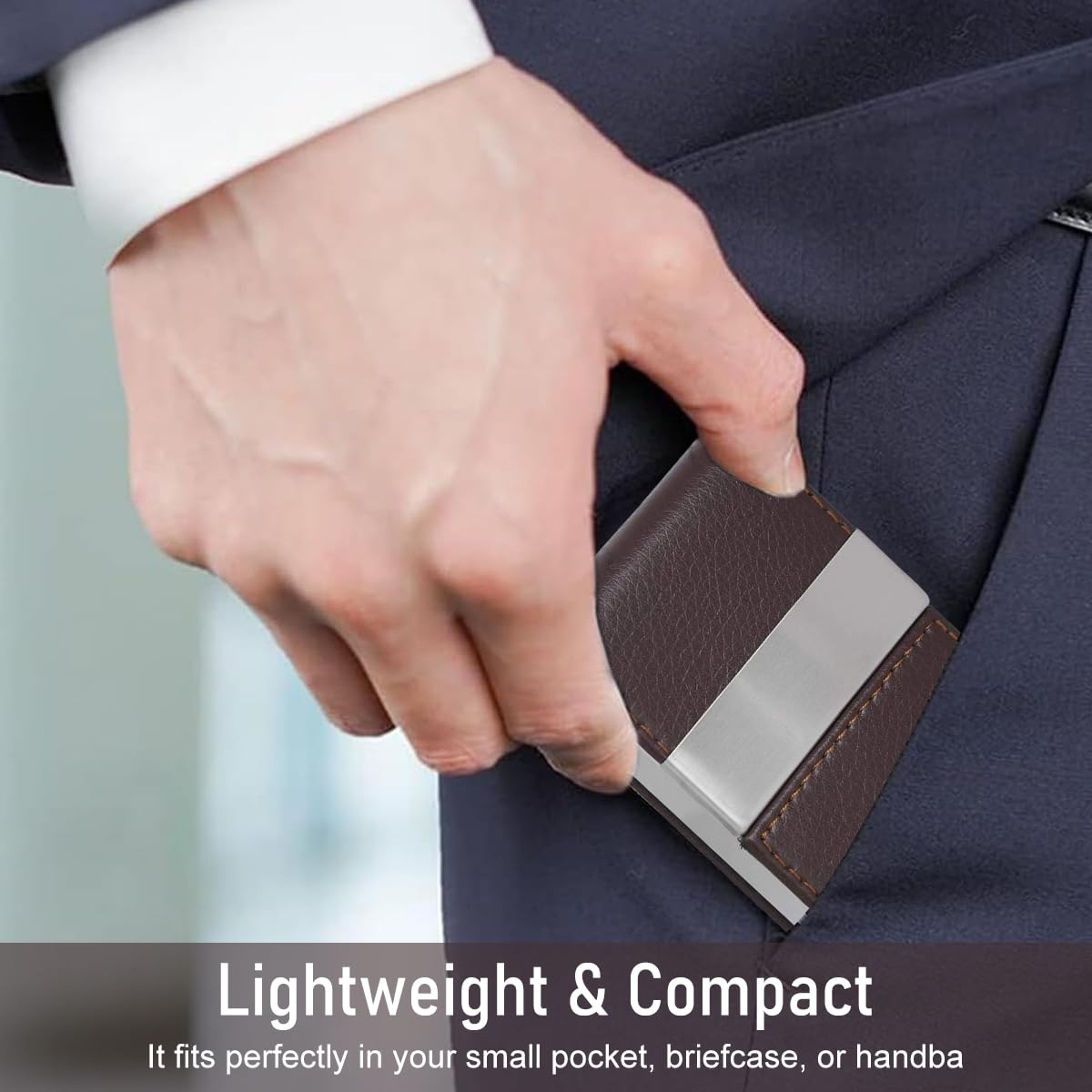 Zibuyu Business Card Holder for Office with Magnetic Snap Closure and 25-Card Capacity | Brown PU Leather for Men and Women