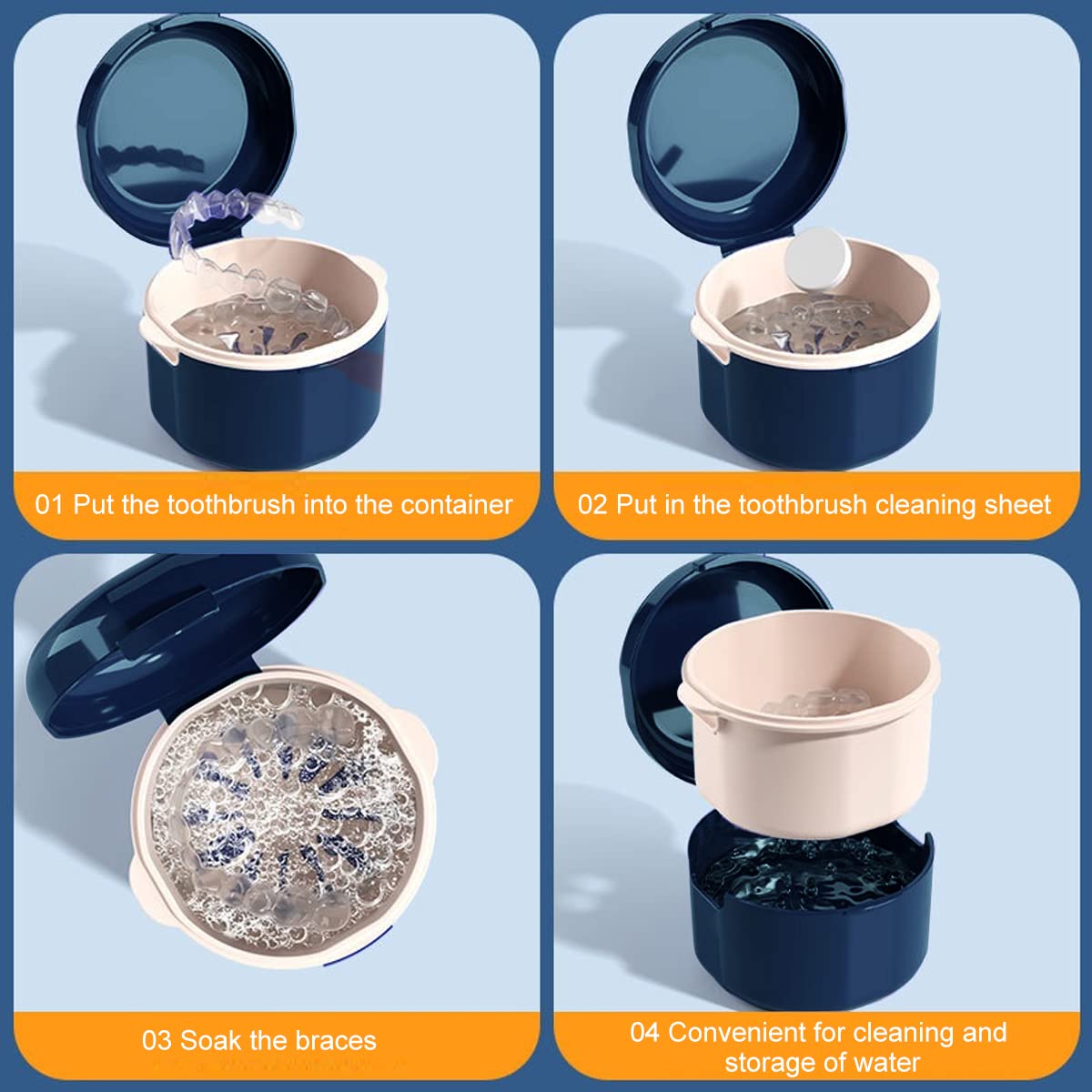 HANNEA Denture Case for Clear Aligners featuring U Shape Safety Lock Design | Blue PVC Portable Box