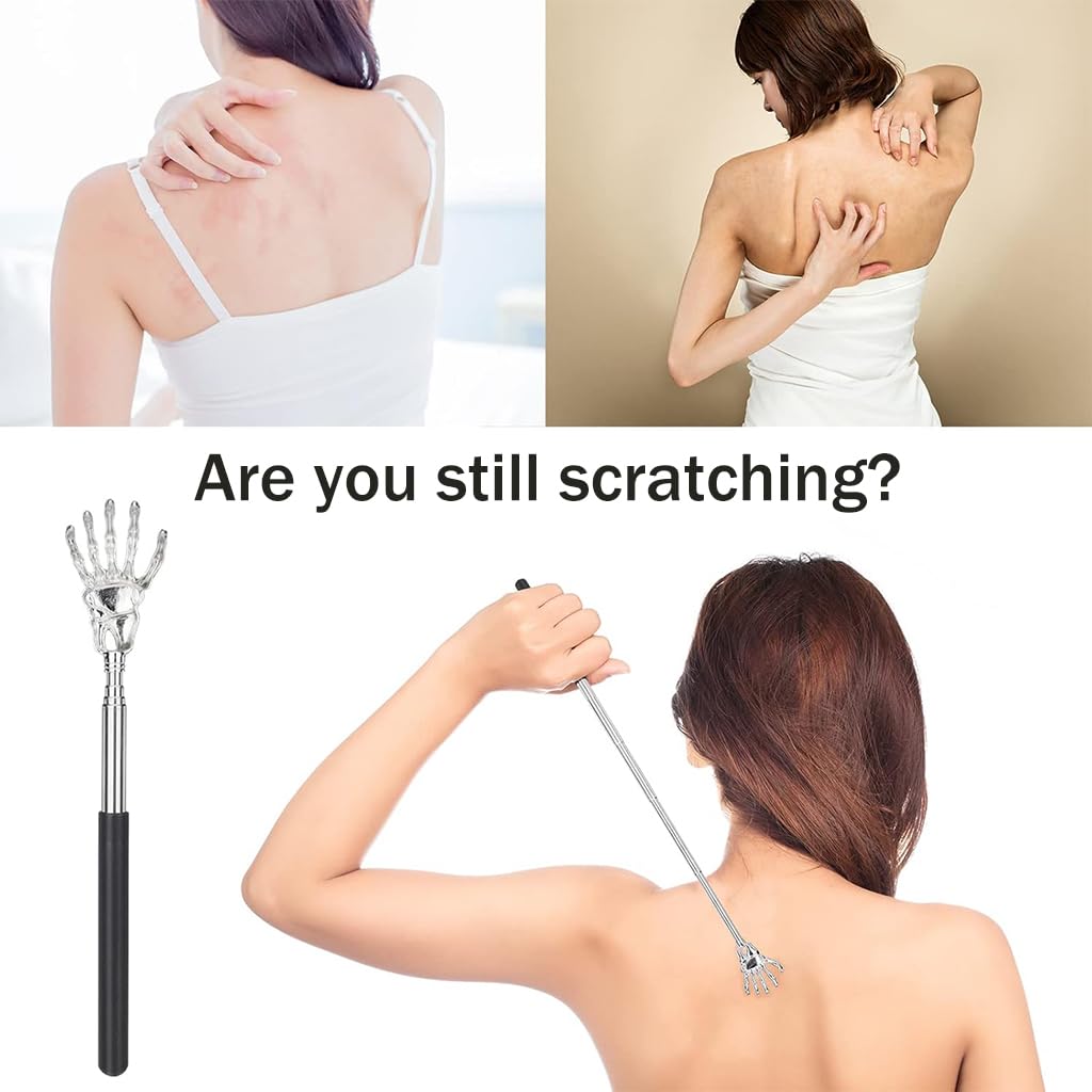 ZIBUYU Skull Hand Back Scratcher for Itch Relief with Telescopic 22–59cm Stick | Stainless Steel and Non Slip PVC Handle