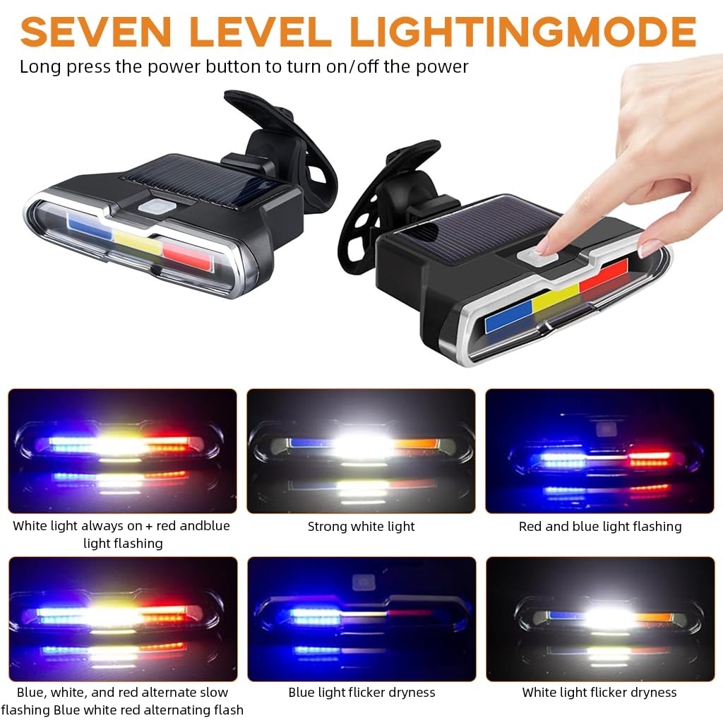 Proberos LED Cycle Light for Bicycle with Solar Power and USB Recharge | 3-Color Waterproof Tail Light