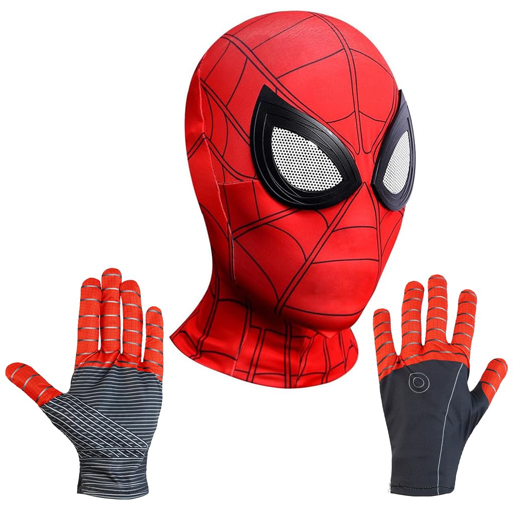 FANCYKU® 3D Spider-Man Mask and Gloves Gift, Spiderman Masks Spider Man Cosplay Costumes Superhero Lenses for Adult Kids, Role Play Superhero Masks for Halloween Masquerade Cosplay (Red)