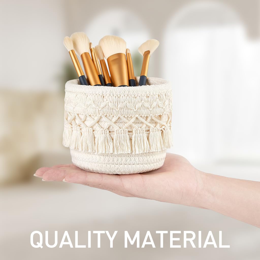 MAYCREATE Macrame Makeup Brush Holder for Desk Organization with 10cm cotton rope | Boho tassel ivory decor