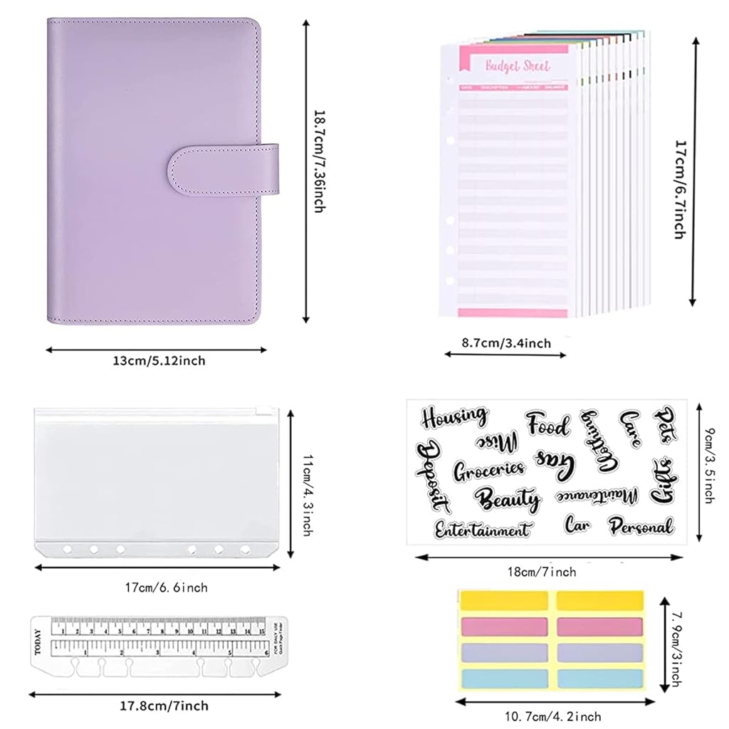 ELEPHANTBOAT® Purple A6 PU Leather File Folder Notebook Clip Set with Envelopes, Budget Sheets, Label Stickers, 1 Ruler, Ring Binder & Stationery Supplies