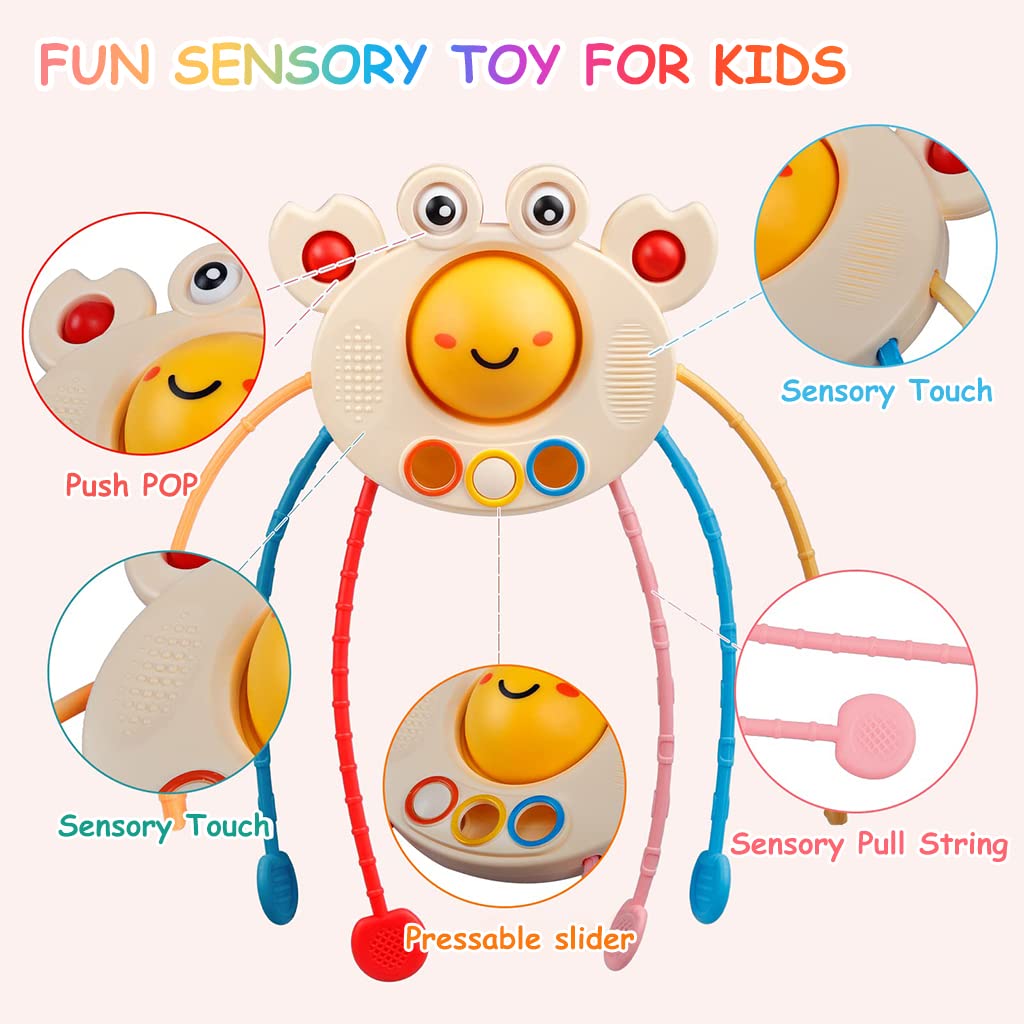 PATPAT® Sensory Toys for Kids, Montessori Toys for Baby Sensory Development Cartoon Crab Silicone Activity Toys for Toddler Pull String Interactive Toy Early Educational Toys Gifts for Newborns