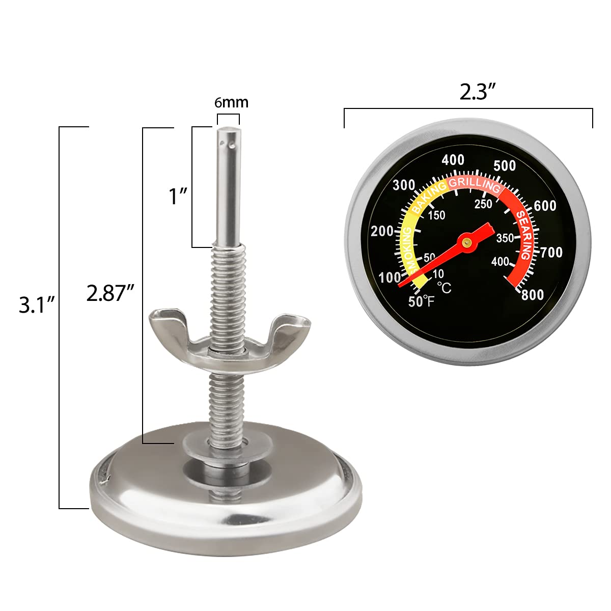 ZORBES BBQ Thermometer for Charcoal Grill and Smoker with 3.1 in Probe & 50–800°F Gauge