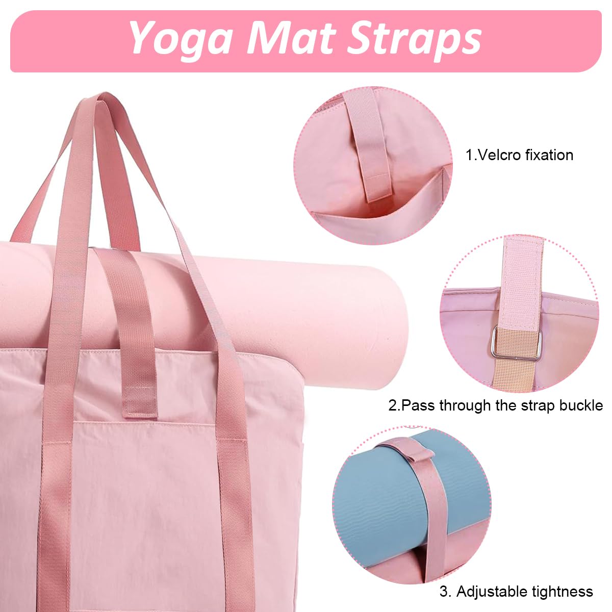 PALAY Casual Shoulder Bag Hand Bag with Zip-up Closure Tote Bag for Women Fashion Pink Nylon Gym Bag with Yoga Mat Buckle Fashion Lightweight Carry On Bag for Fitness, Travel, Work, 39x15.5x31cm