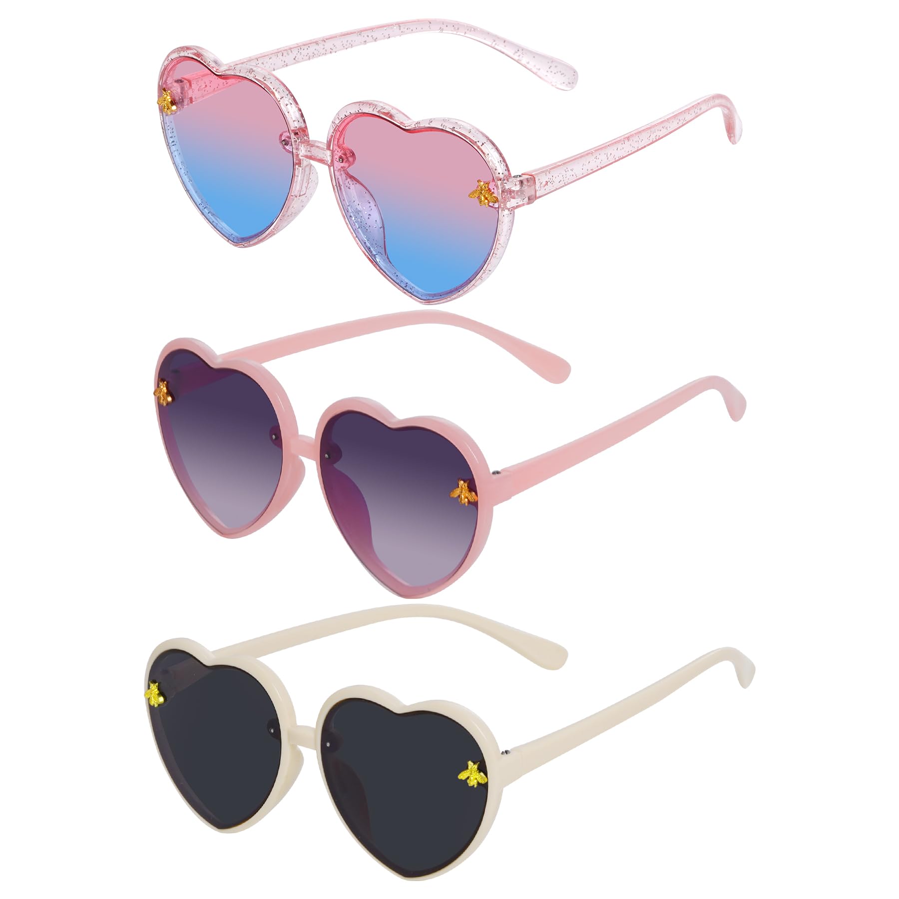 PATPAT® 3 Pieces Kids Heart Shaped Sunglasses Stylish Cute Bee Sunglasses for Toddler Girls Age 3-10 Outdoor Beach Eyewear.