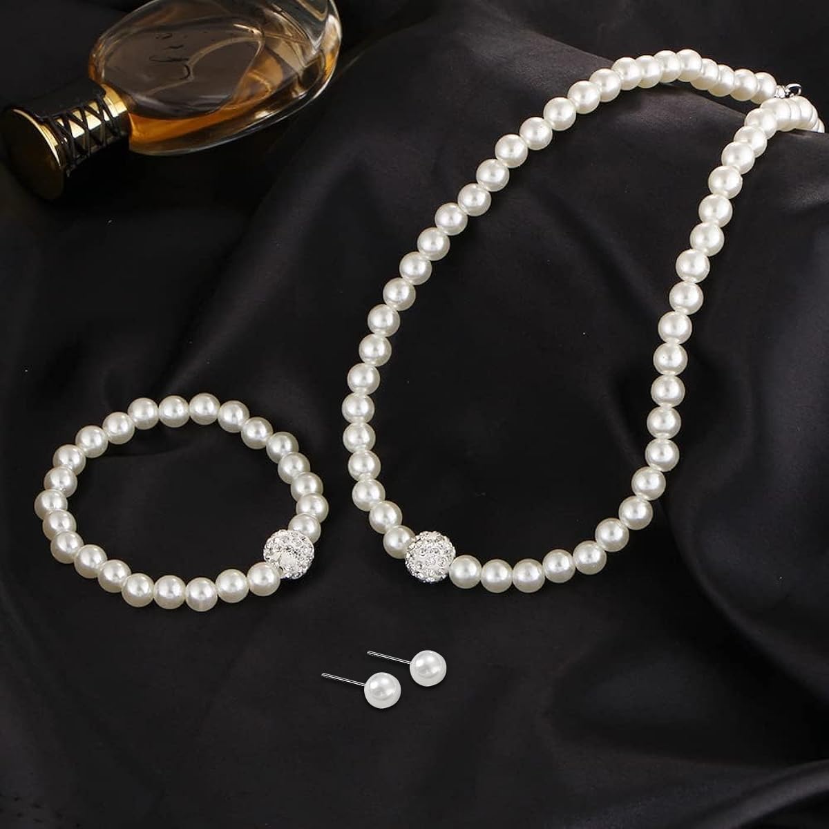 Venzina White Pearl Jewellery Set for Women with 18 in Necklace 7 in Bracelet and Earrings | Elegant Gift for All Occasions