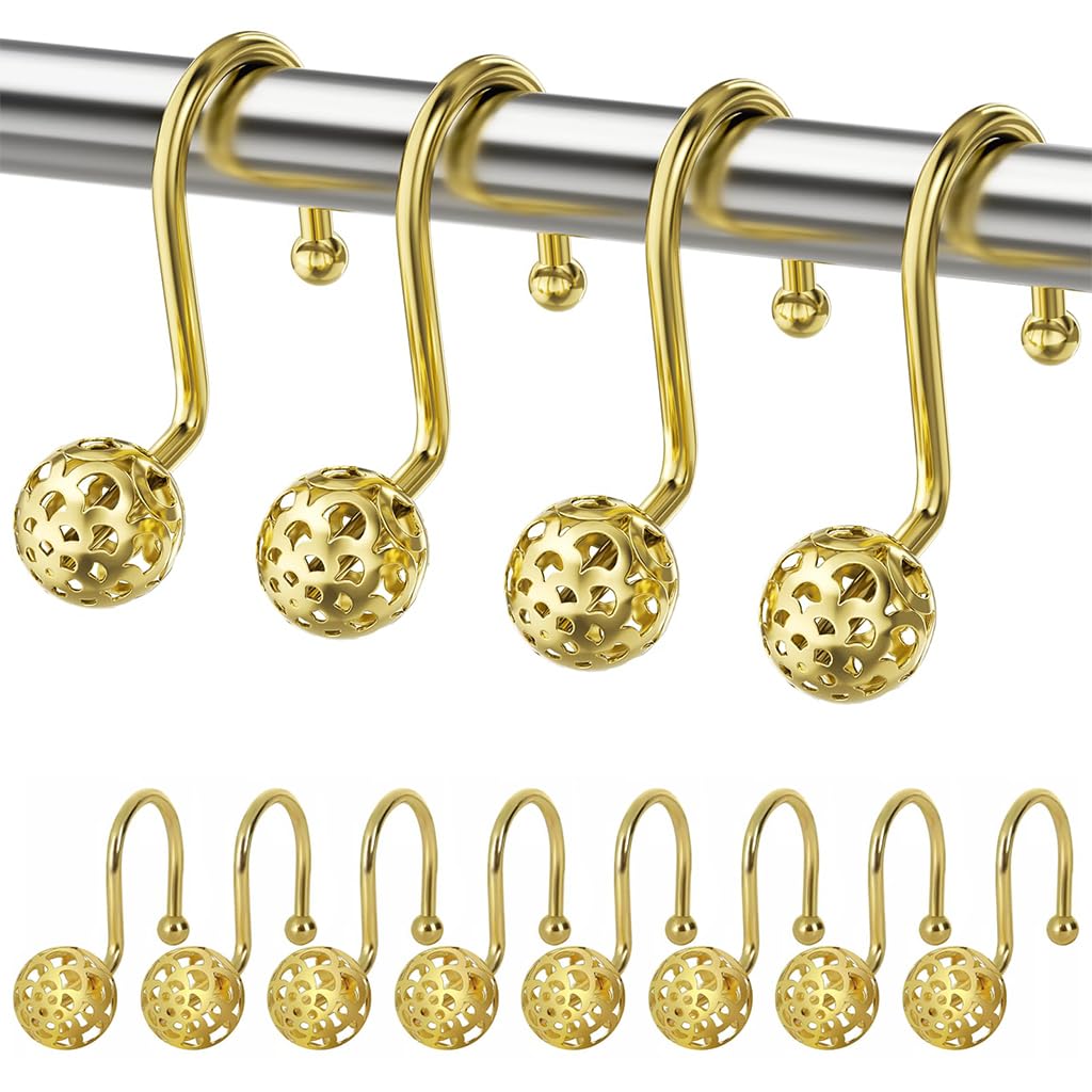 HASTHIP® 12Pcs Bathroom Shower Curtain Hooks Modern Golden Hollow Out Ball Shower Curtain Hooks for Home Decor Open Hanging Shower Curtain Hooks Universal Bathroom Shower Curtain Hooks