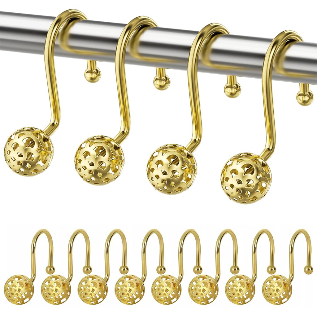HASTHIP Shower Curtain Hooks for Bathroom with 12 Golden Hollow Out Ball Design | Metal Decor