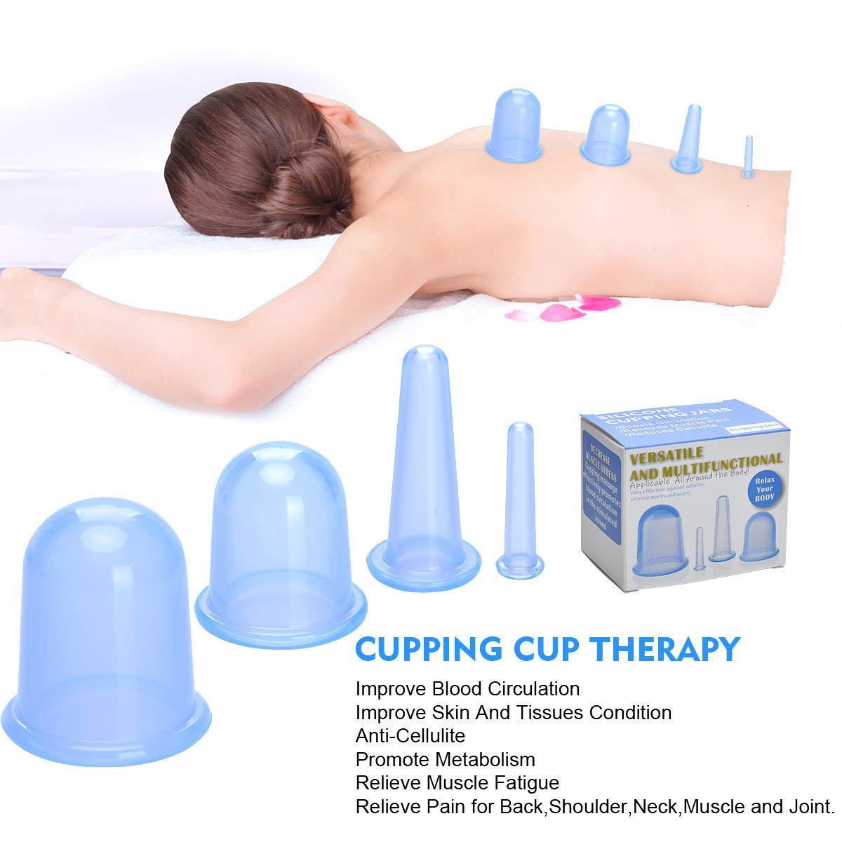 MAYCREATE Silicone Vacuum Cupping Cups Massage Set Family Cupping Therapy Set for Cellulite Neck Face Body Manual Massage Suction Cups(Set of 4) (Blue)