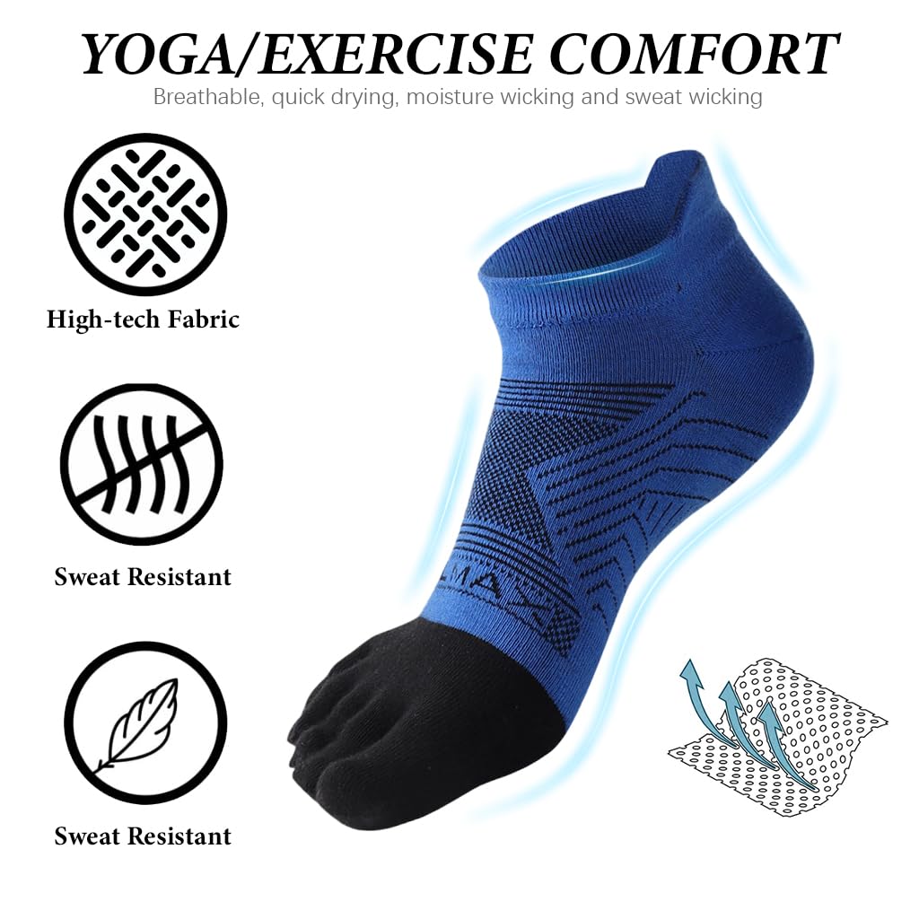 Proberos Five Toe Running Socks for Exercise with Anti Skid Grip Sole and Moisture Wicking Cotton | 3 Pair Blue Ankle Socks for Men