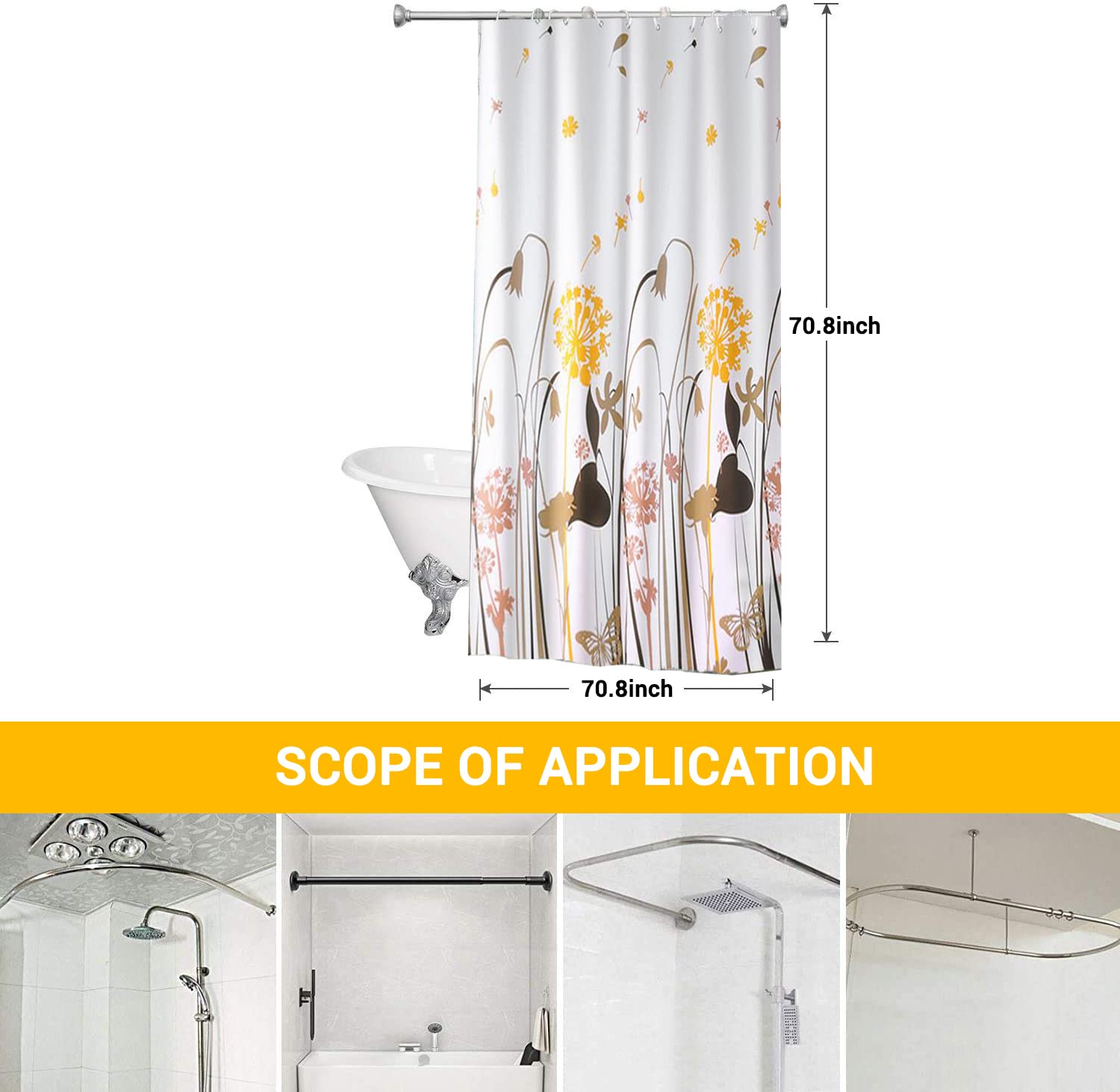 HASTHIP Shower Curtain for Bathroom with 14 Hooks featuring Orange Dandelion Print 70.8x70.8 in Fabric | Waterproof Quick Dry PEVA