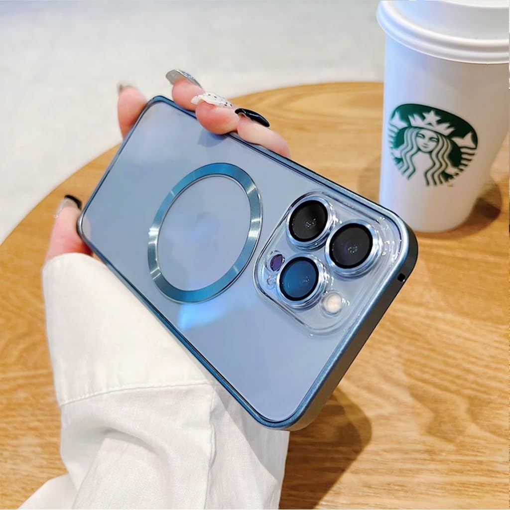 ZORBES Phone Cover for iPhone 14 Pro Max with MagSafe and Camera Lens Protector | Clear TPU Full Protection Case Blue