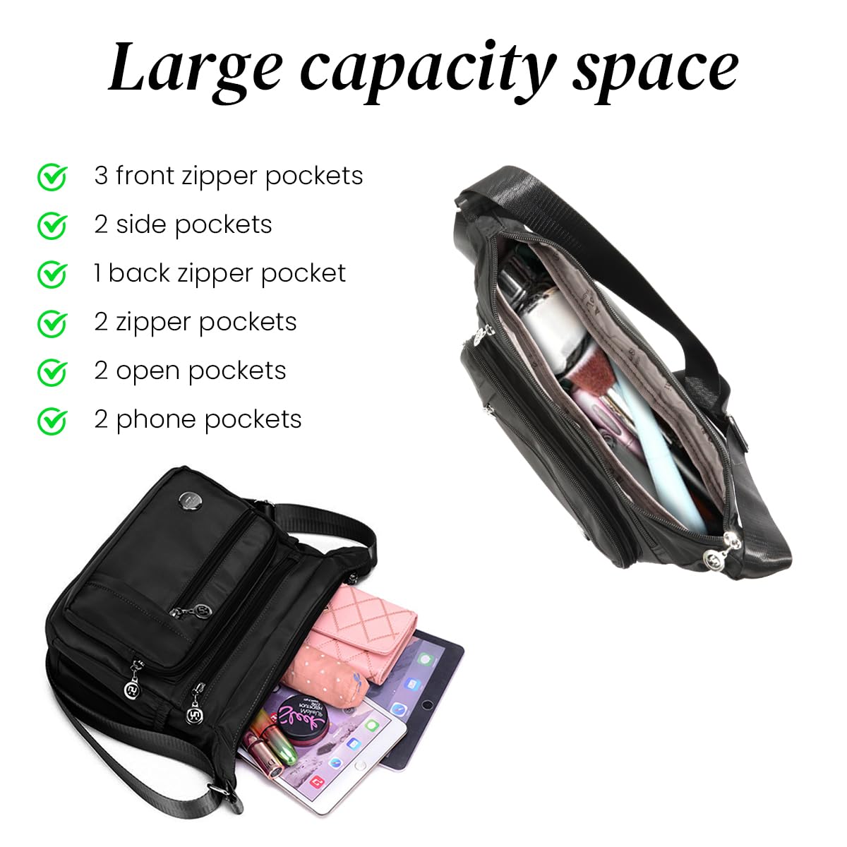 PALAY Women Shoulder Bag for Everyday Use with Multi Pocket Design and Adjustable Strap Black 2 PCS