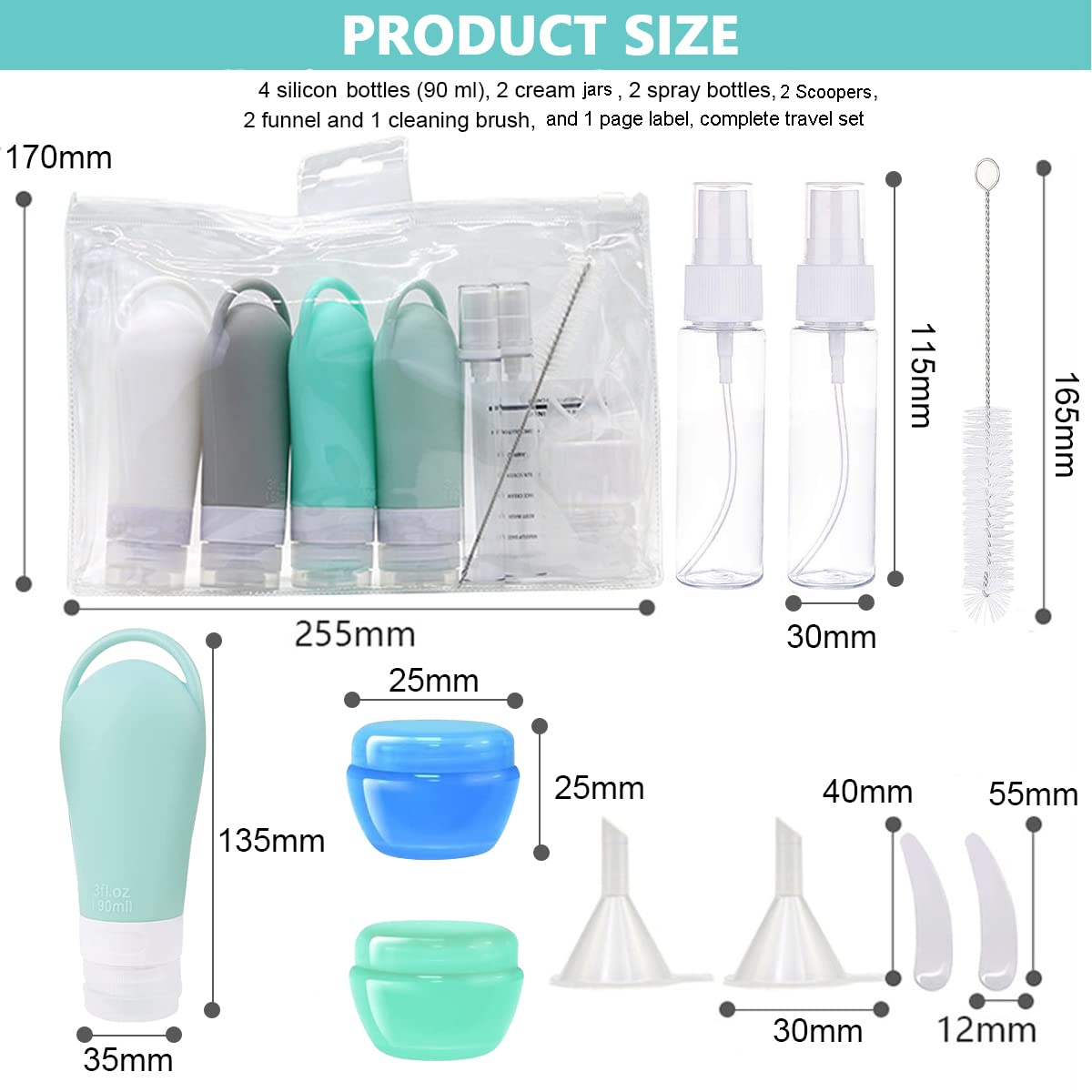 MAYCREATE® 14pcs Travel Bottles for Toiletries, Portable Leak Proof Silicone Containers Cream Jars Spray Bottles Kit for Shampoo, Lotion Dispenser-with Applicator, Funnel, Clean Brush, Labels