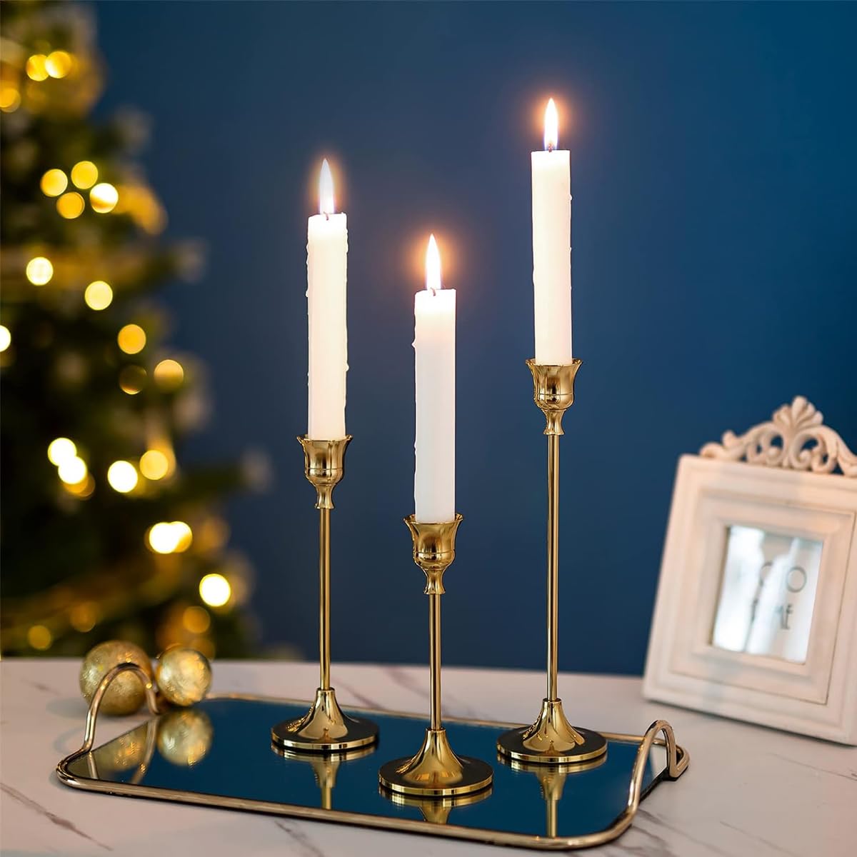 HASTHIP® Candle Holders Taper Candle Stand, Set of 3 Candle Stick Holders Set, Golden Metal Candlestick Holder Set for Dining Table Centerpiece, Coffee Table, Mantel, Or Any Table Top