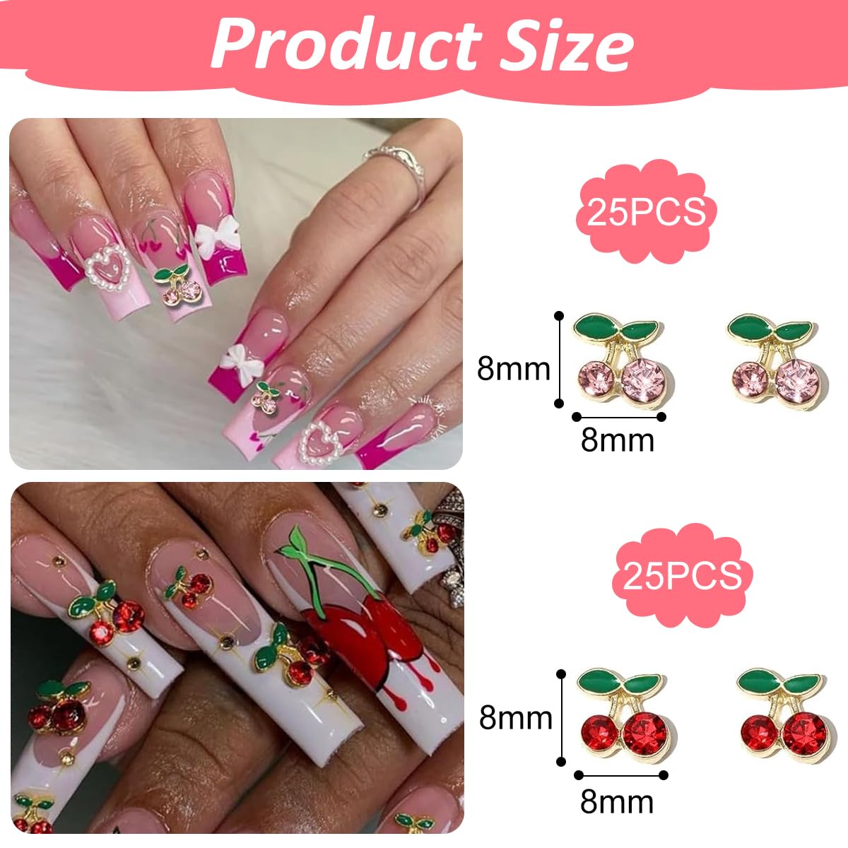 MAYCREATE® 50Pcs 3D Cherry Nail Charms, 2 Sizes Pink and Red Mini Cherry Nail Decal 3D Sparkling Nail Art Cherry Nail Decal  Non-adhesive Flat Back Cute Cherry Nail Charms