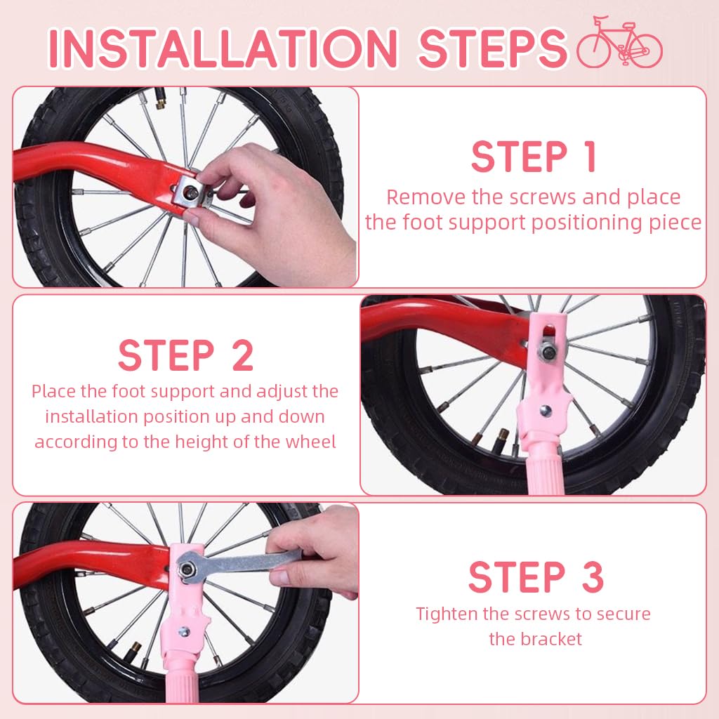 Proberos Kids Bicycle Kickstand for 20 Inch Wheels featuring Spring Loaded Mechanism and Reinforced Metal Pink 3 PCS