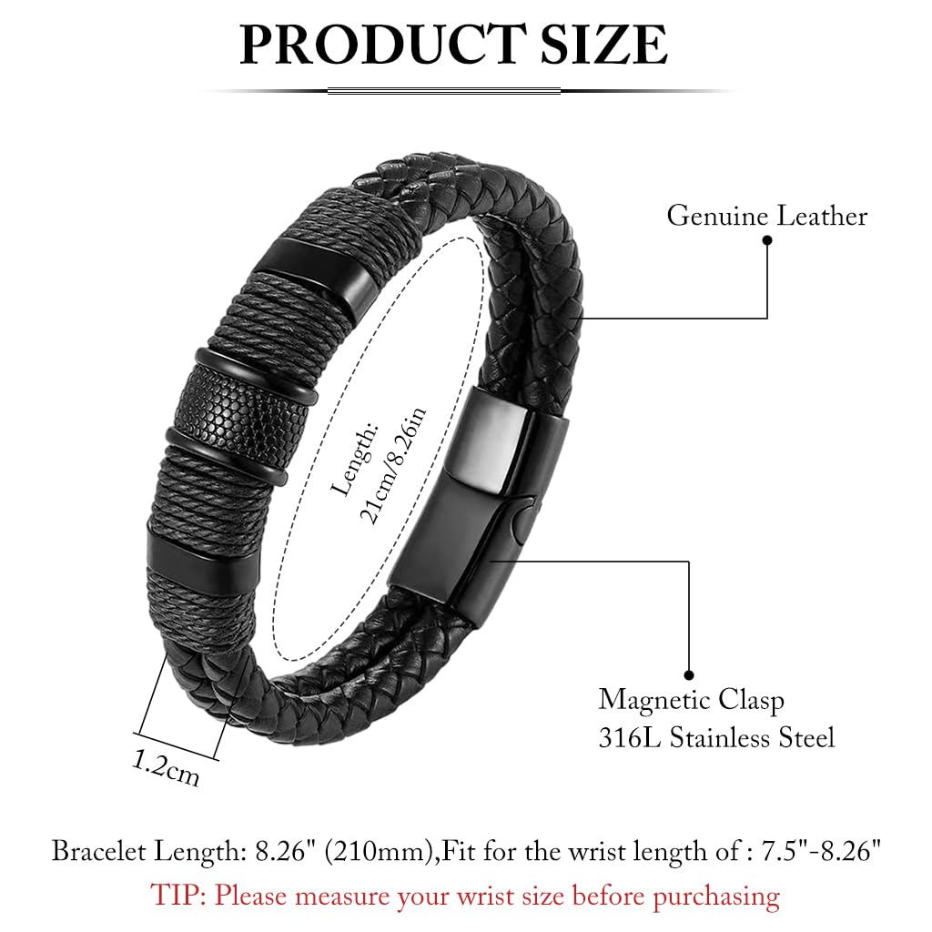 Zibuyu Bracelet for Men with Double Layer Leather and Sleek Metal Details | Gift for Husband