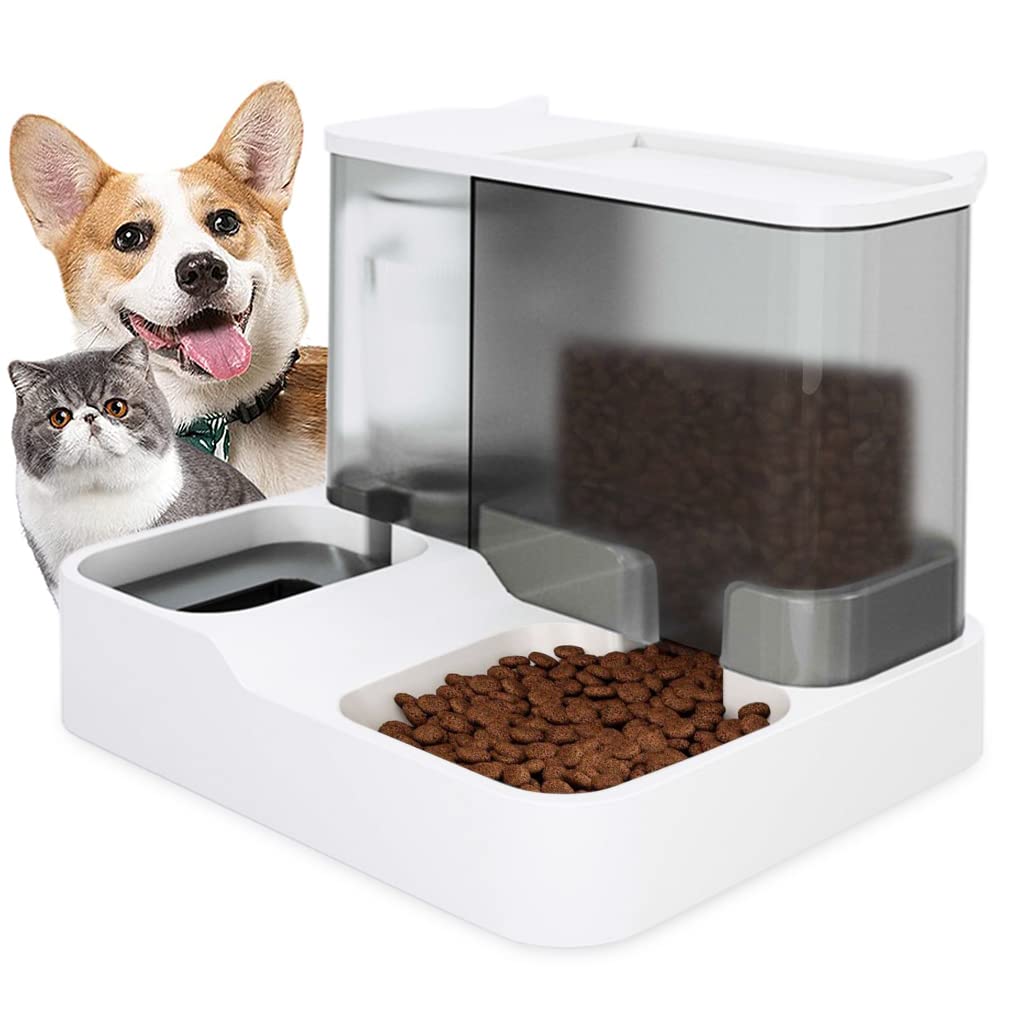 Qpets 2 in 1 Automatic Food Feeder and Water Dispenser Gravity Design Auto Feeding 3L Cat Food Dispenser Food Feeder and Auto Dog Water Dispenser 1 L for Small Medium Big Dog Pets Puppy Kittens