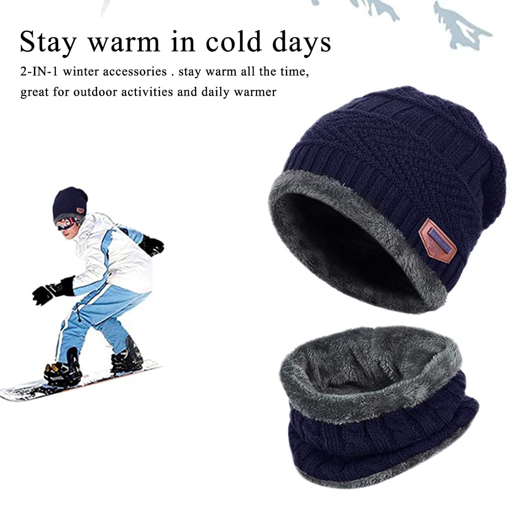 ZIBUYU® Winter Cap for Men and Women Warm Knitted Cap with Neck Gaiter Knitted Scarf, Warm Winter Cap Scarf Set Beanie Cap Neck Warmer Scarf Winter Cap and Neck Warmer (Navy Blue)