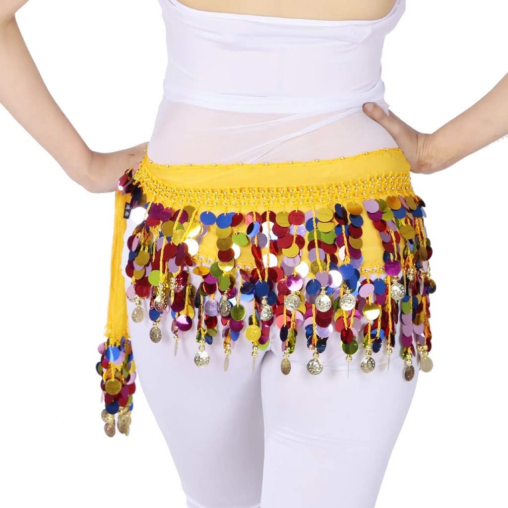 PALAY® Belly Dance Hip Scarf Waistband Belt Belly Dance Skirt Wrap with Colorful Bling Coins Fancy Belly Dance Costume Accessories for Women Girls Yellow