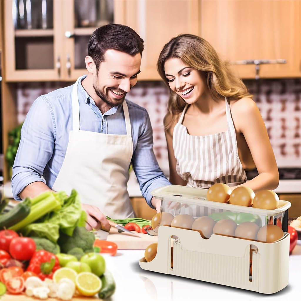 HASTHIP Kitchen Egg Holder for Refrigerator with 3 Layers 28x8.5x15cm and Auto Rolling Design