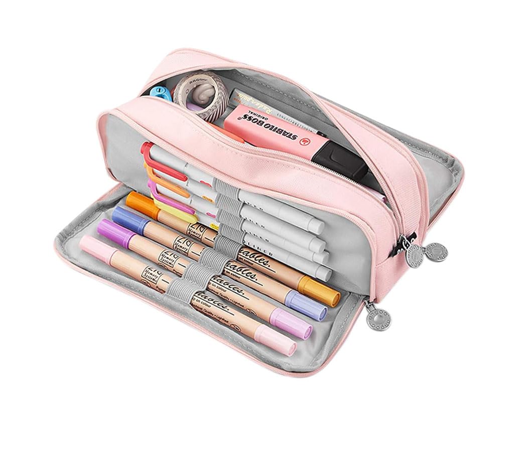 ZIBUYU® Student Pencil Pouch Girls Pencil Bag Triple Layer Pencil Zipper Pouch Large Capacity Pencil Pouch Pink Oxford Cloth Pencil Pouch Office Stationeries Organizer Pouch School Supplies